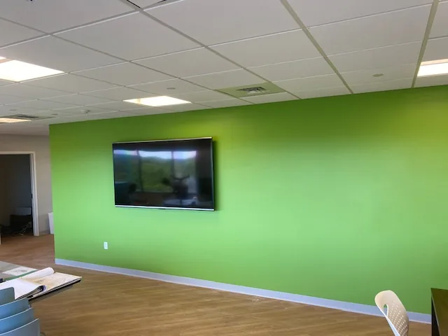 Commercial green accent wall with mounted television
