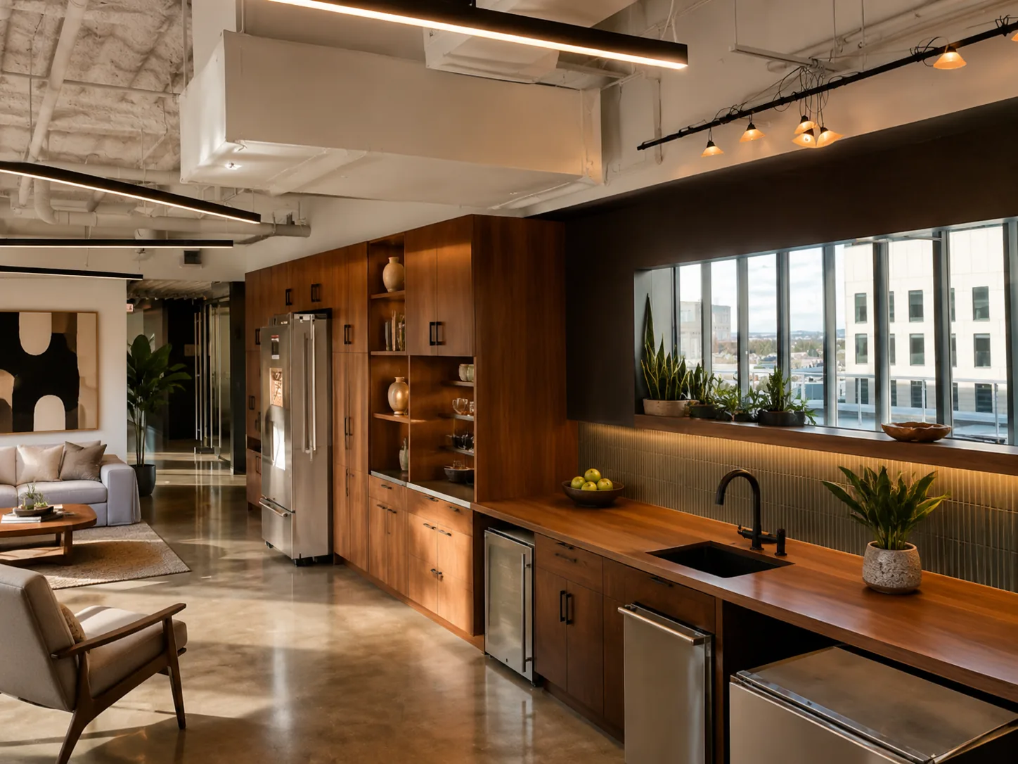 Finished commercial office kitchen with wood cabinetry