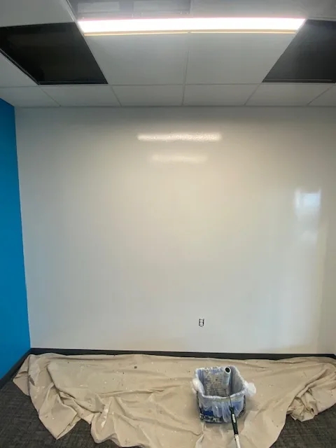 Commercial wall freshly painted, protected during the project