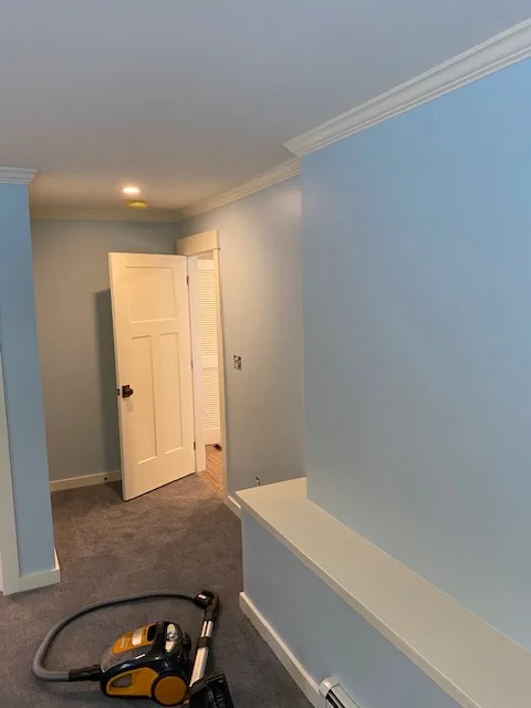 Blue residential hallway with finished white door and trim